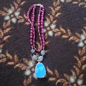 Handcrafted Purple Beaded Necklace with Blue Pendant